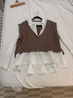 Anthropologie White Blouse with Knit vest